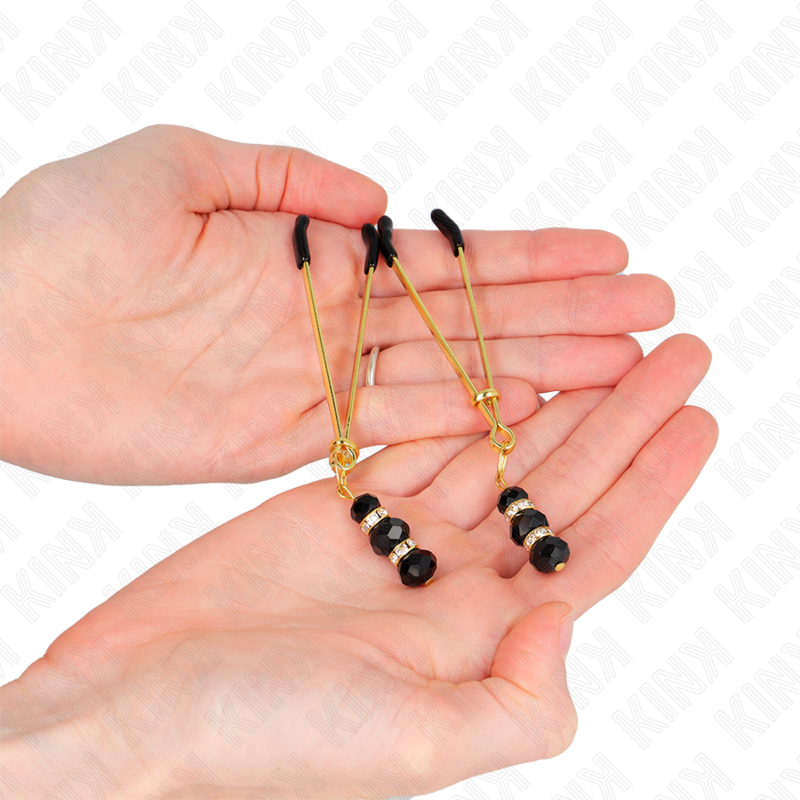 KINK - GOLDENE DÜNNE NIPPELKLEMMEN MIT 3 SCHWARZEN GLASPERLEN 7 CM – Bild 3