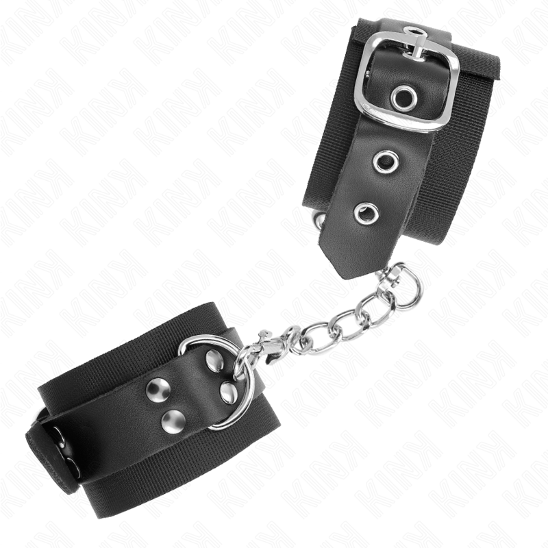 KINK - NYLON HANDGELENKFESSELN SCHWARZ MIT LEDERGURTE SCHWARZ VERSTELLBAR 19-29 CM X 5,1 CM – Bild 2