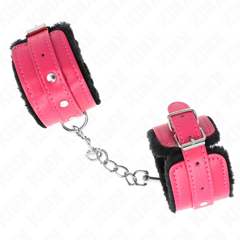 KINK - PREMIUM PELZGEFÜTTERTE HANDGELENKFESSELN SCHWARZ MIT HIMBEERROSEN-GÜRTEL VERSTELLBAR 17-29 CM X 6 CM – Bild 2