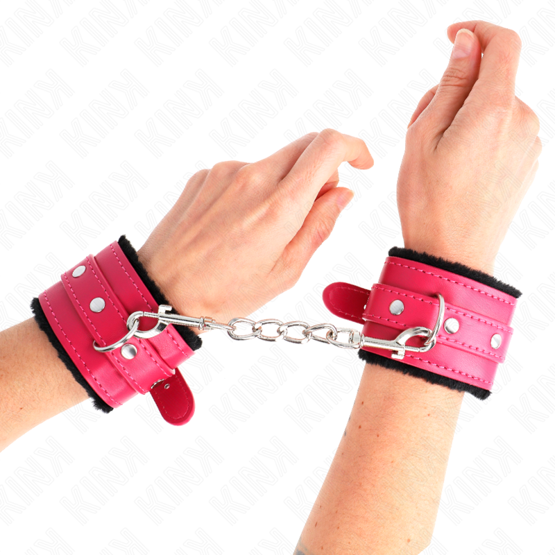 KINK - PREMIUM PELZGEFÜTTERTE HANDGELENKFESSELN SCHWARZ MIT HIMBEERROSEN-GÜRTEL VERSTELLBAR 17-29 CM X 6 CM – Bild 4