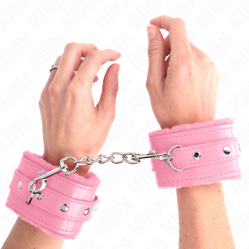KINK - PREMIUM PELZGEFÜTTERTE HANDGELENKFESSELN ROSA MIT ROSA GÜRTEL VERSTELLBAR 17-29 CM X 6 CM – Bild 4