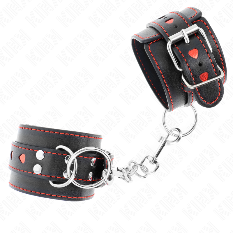 KINK - SCHWARZE HANDGELENKFESSELN MIT ROTER HERZEINLAGE, VERSTELLBAR 21-28 CM X 5,5 CM – Bild 2