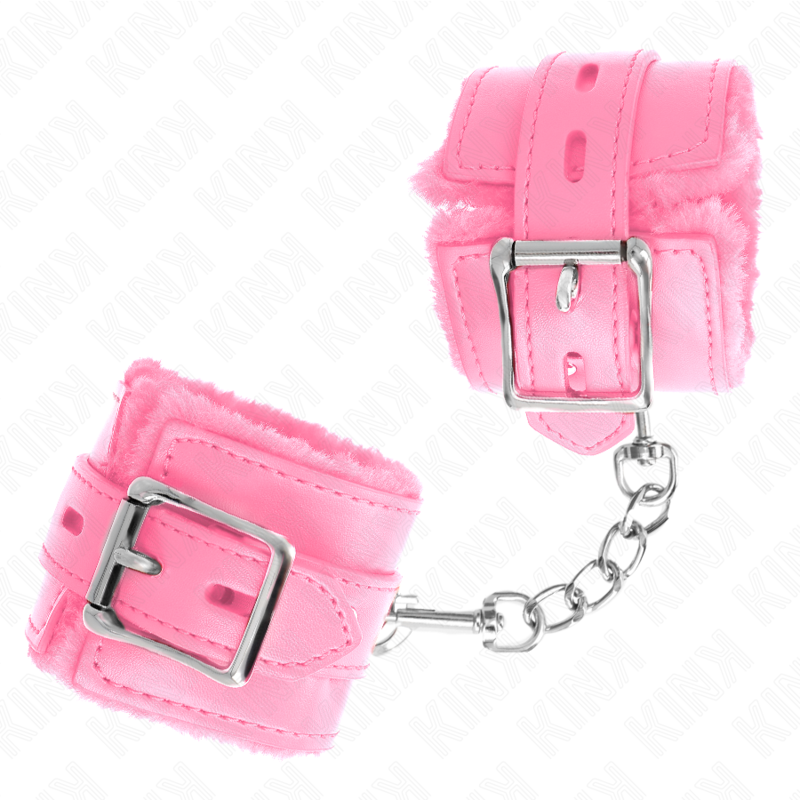 KINK - PELZGEFÜTTERTE HANDGELENKFESSELN MIT QUADRATISCHEN LÖCHERN, ROSA UND ROSA GÜRTEL, VERSTELLBAR 17-29 CM X 6 CM – Bild 2