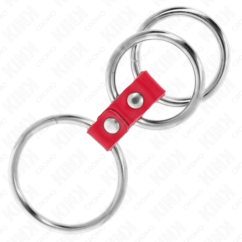 KINK - DREIFACH METALL PENISRING 3,7 CM BIS 5 CM VERBUNDEN MIT ROTEM LEDER – Bild 3