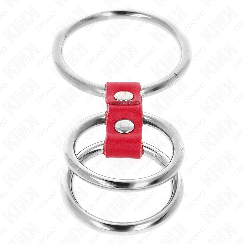 KINK - DREIFACH METALL PENISRING 3,7 CM BIS 5 CM VERBUNDEN MIT ROTEM LEDER – Bild 4
