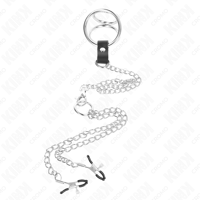 KINK - DREIFACH CHROM METALL PENISRING 3 CM BIS 4,5 CM MIT 26 CM METALLKETTE UND BRUSTKLAMMERN – Bild 3