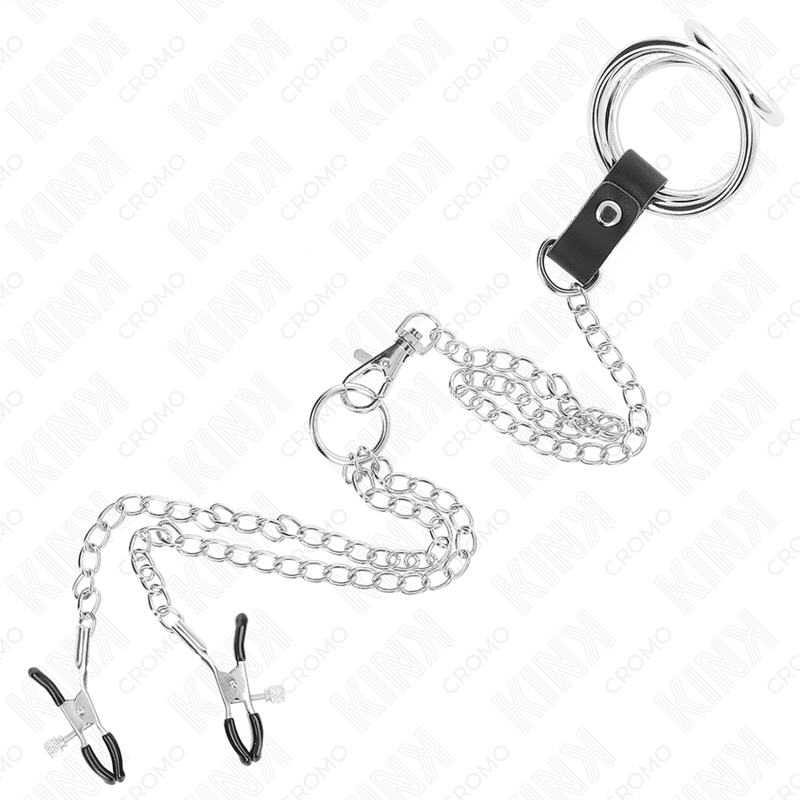 KINK - DREIFACH CHROM METALL PENISRING 3 CM BIS 4,5 CM MIT 26 CM METALLKETTE UND BRUSTKLAMMERN – Bild 5