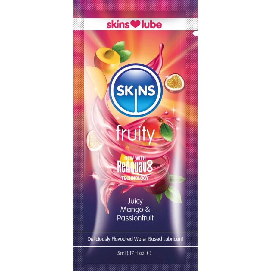 img_217178_743999bd74a16d8e5b2f327062d347b4_1.jpg SKINS FRUCHTIGES, WASSERBASIERTES GLEITMITTEL MANGO PASSIONSFRUCHT, EINZELDOSIERUNG 5 ML