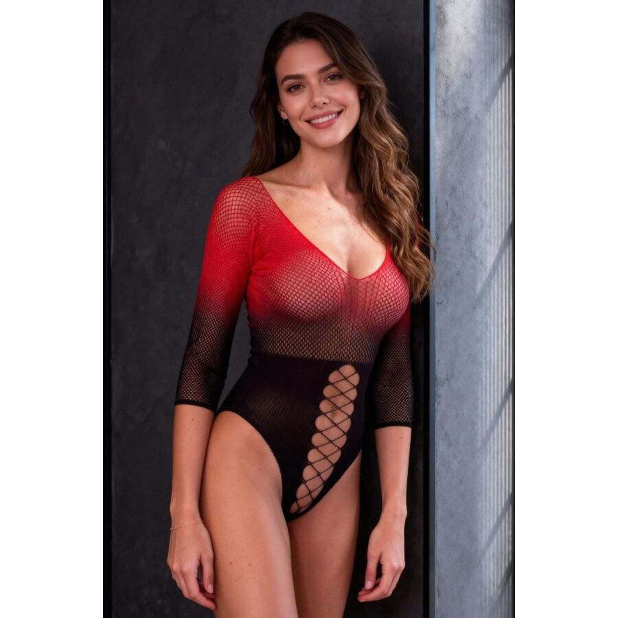 PASSION - BS118 SCHWARZER UND ROTER MESH-BODYSTOCKING – Bild 2