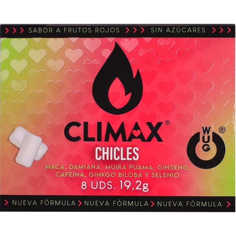 img_226473_026b60d424a35d47c3698a5a1f1ce9c1_1.jpg WUG Climax Funktioneller Kaugummi mit Maca, Damiana und Ginseng zur Steigerung von Lust und sexueller Vitalität. Blisterverpackung mit 8 Stück.