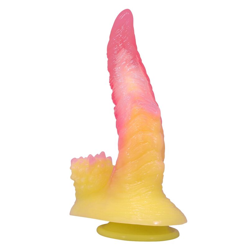 POWER MONSTERS - RIPPLIED MONSTER FANTASY DILDO MIT SAUGKAPSEL 22,5 CM Ø 5,5 CM PINK  GELB